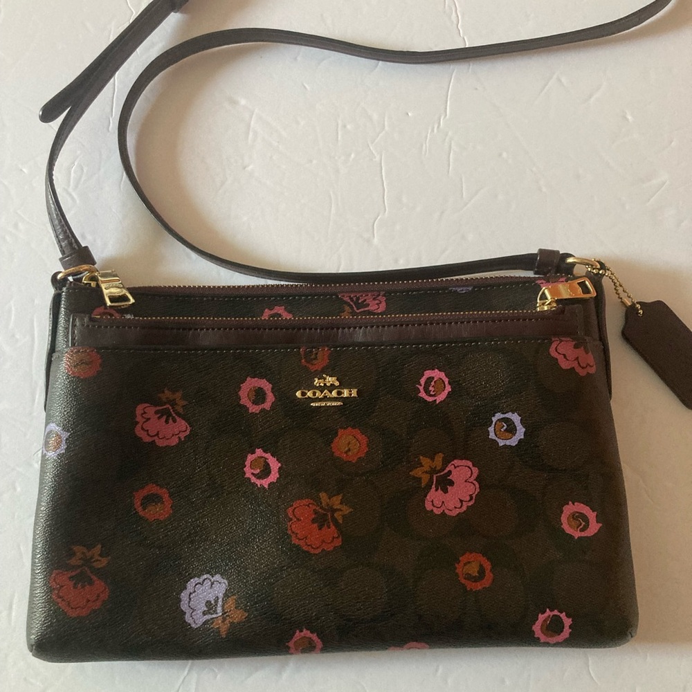 Coach Brown Crossbody Bag with Floral Accents like new